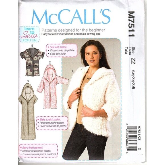 McCall's M7511 Misses L to XXL Hooded Fleece Jackets Uncut Sewing Pattern - Picture 1 of 2